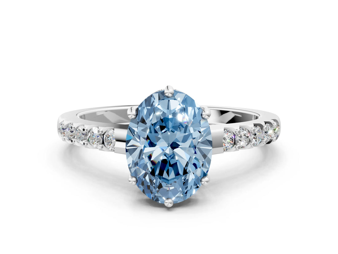 White gold Fancy Blue Oval Cut Solitaire Diamond Engagement Ring with Pavé Band and Six-Prong Setting_24