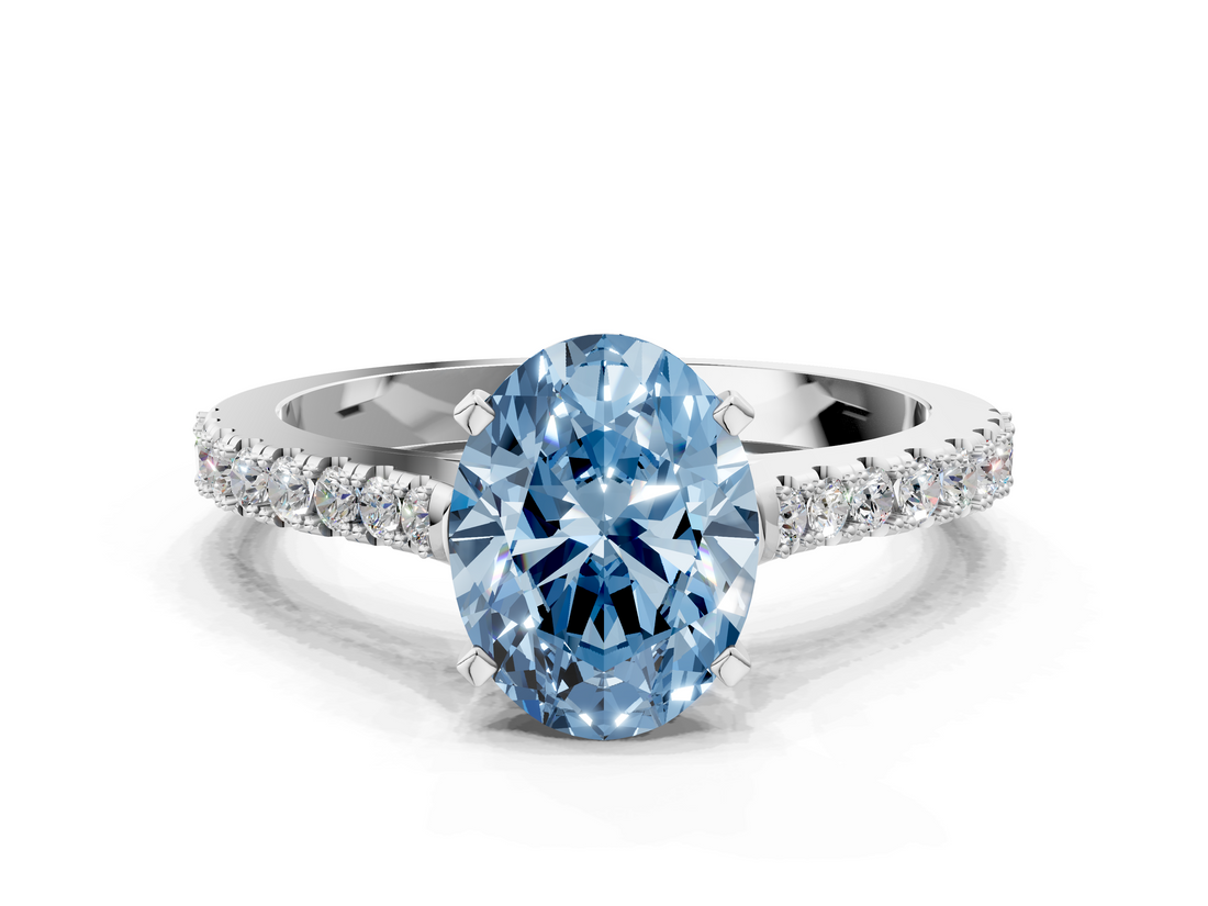 White gold Fancy Blue Oval  Cut Solitaire Diamond Engagement Ring with Pave Band and Four-Prong Setting_180