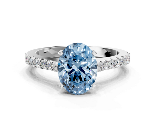 White gold Fancy Blue Oval  Cut Solitaire Diamond Engagement Ring with Pave Band and Four-Prong Setting