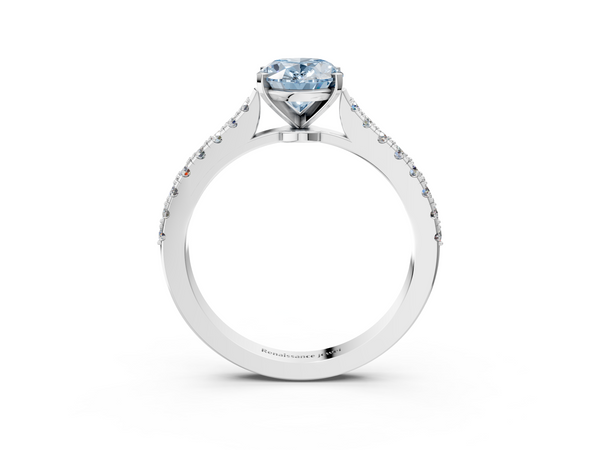 White gold Fancy Blue Oval  Cut Solitaire Diamond Engagement Ring with Pave Band and Four-Prong Setting