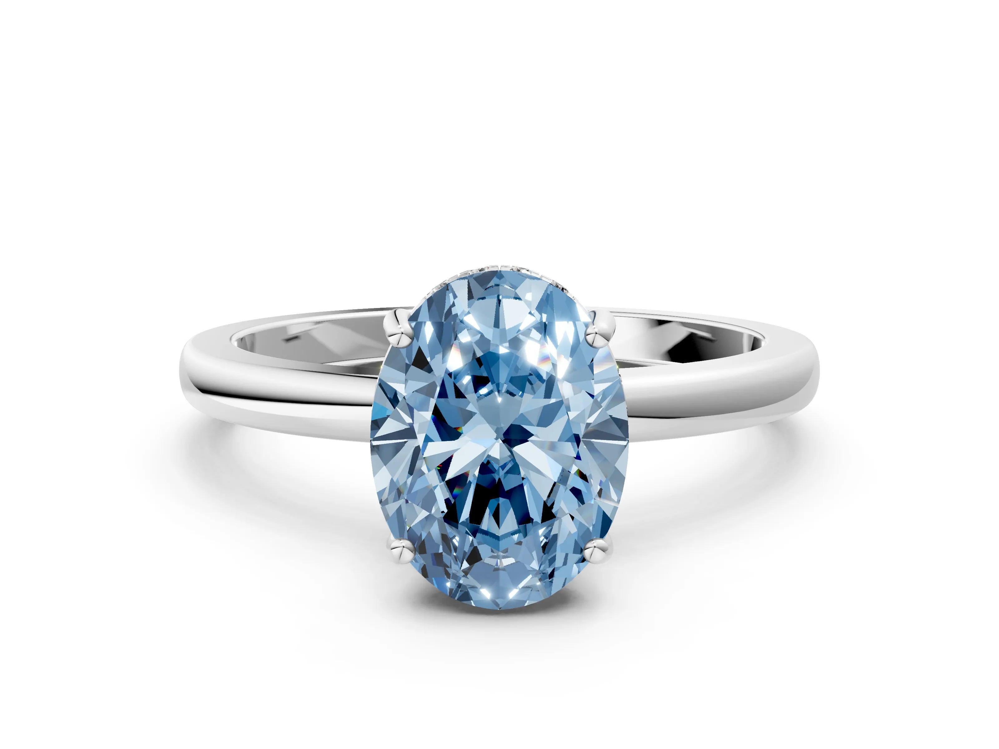 White gold Fancy Blue Oval Cut Solitaire Diamond Ring with Prong Setting and Plain Band
