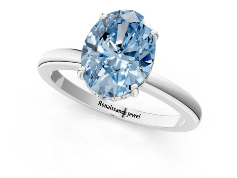White gold Fancy Blue Oval Cut Solitaire Diamond Ring with Prong Setting and Plain Band_1