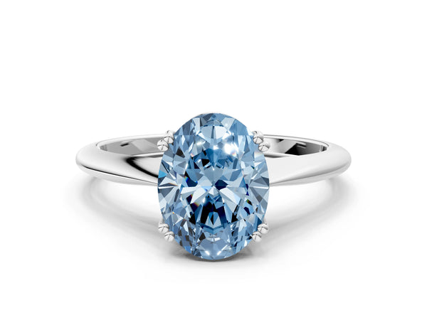 Platinum Fancy Blue Oval Cut Solitaire Diamond Ring with Six-Prong Setting and Classic Band