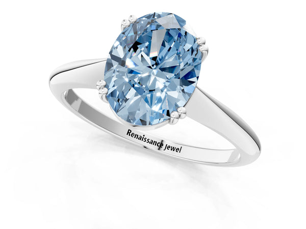 Platinum Fancy Blue Oval Cut Solitaire Diamond Ring with Six-Prong Setting and Classic Band