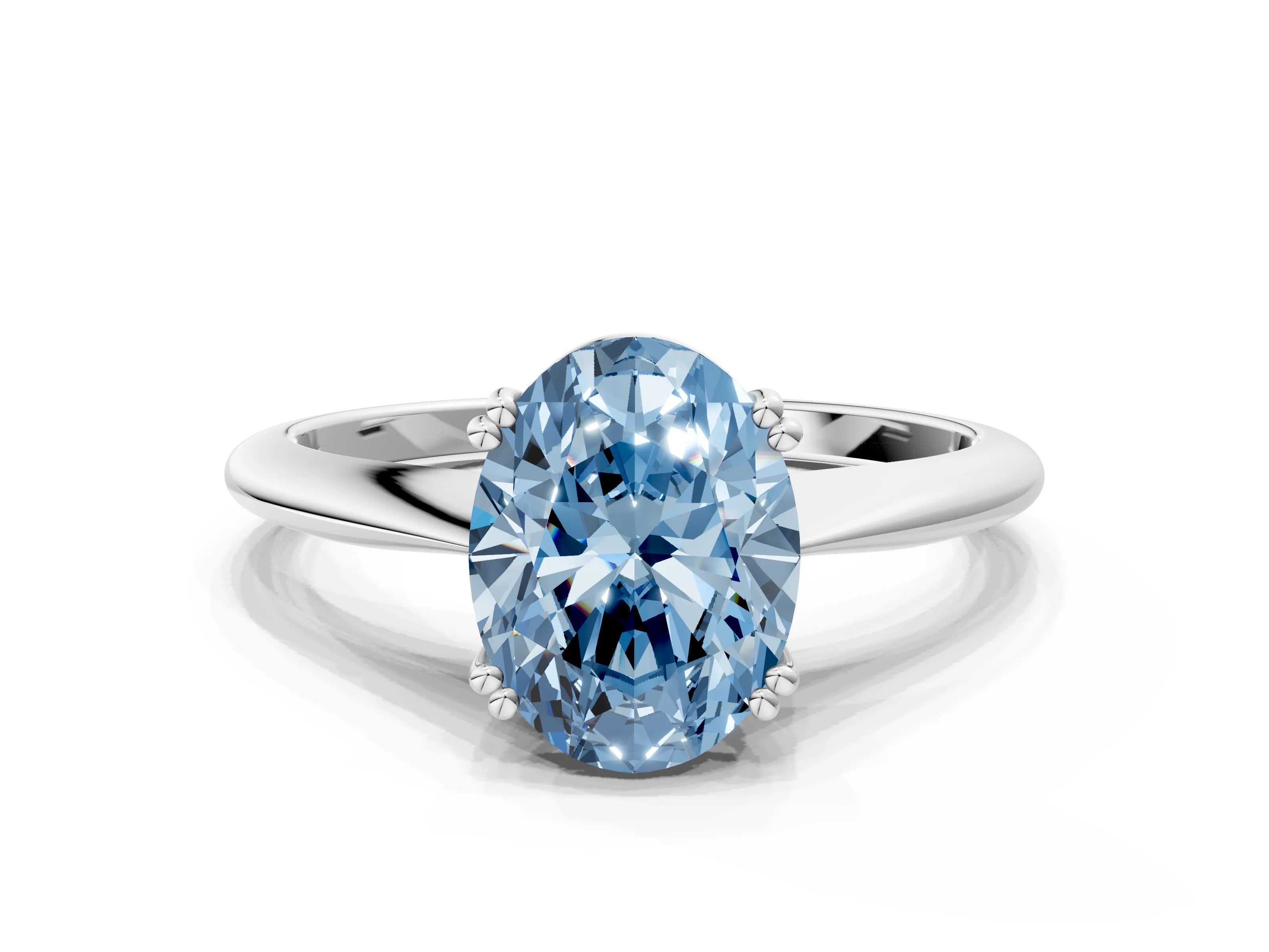 White gold Fancy Blue Oval Cut Solitaire Diamond Ring with Six-Prong Setting and Classic Band
