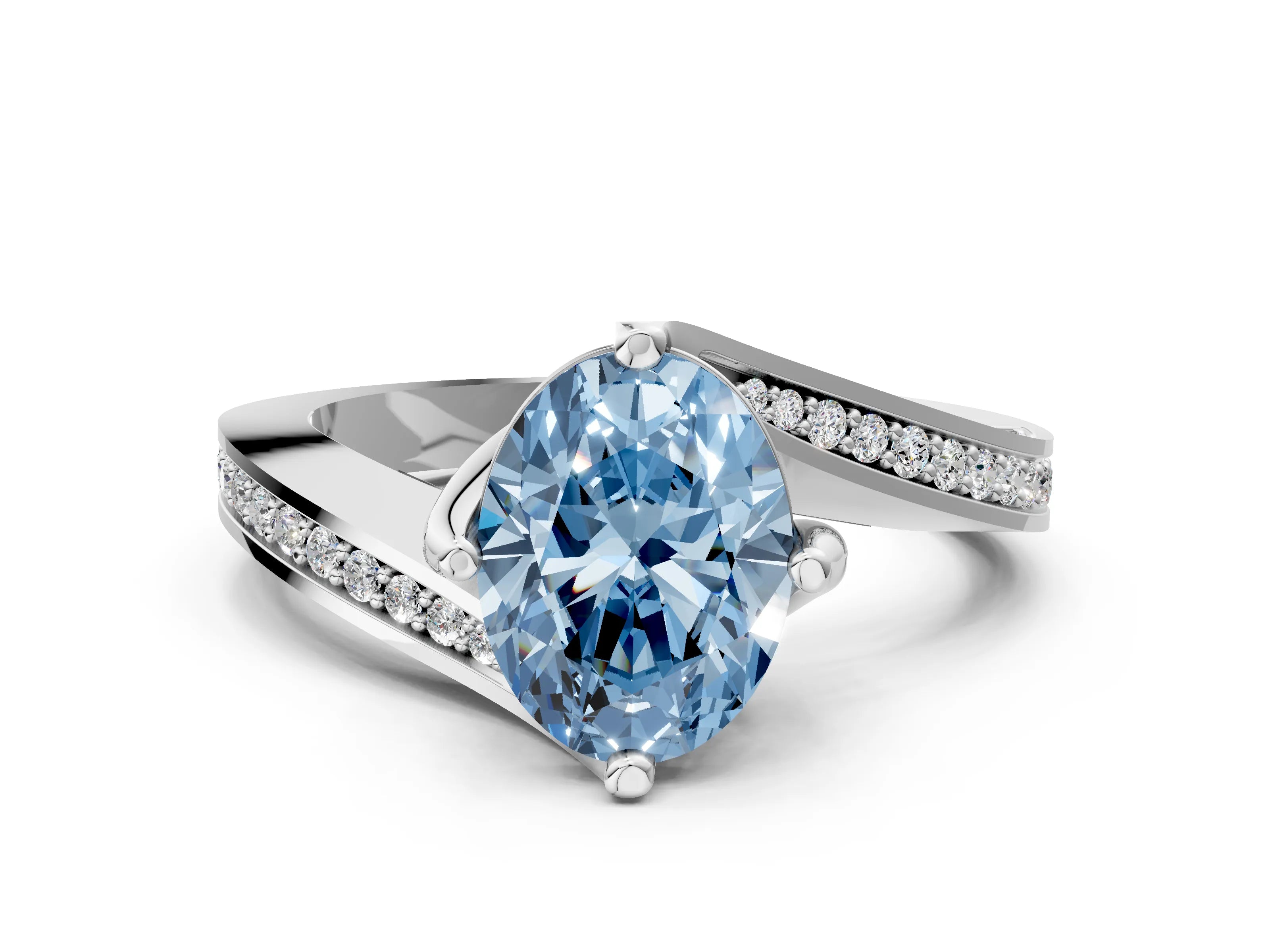 White gold Fancy Blue Oval Cut Solitaire Diamond Twist Band with Pavé Setting and Four-Prong Setting_12
