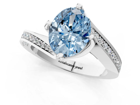 White gold Fancy Blue Oval Cut Solitaire Diamond Twist Band with Pavé Setting and Four-Prong Setting_13