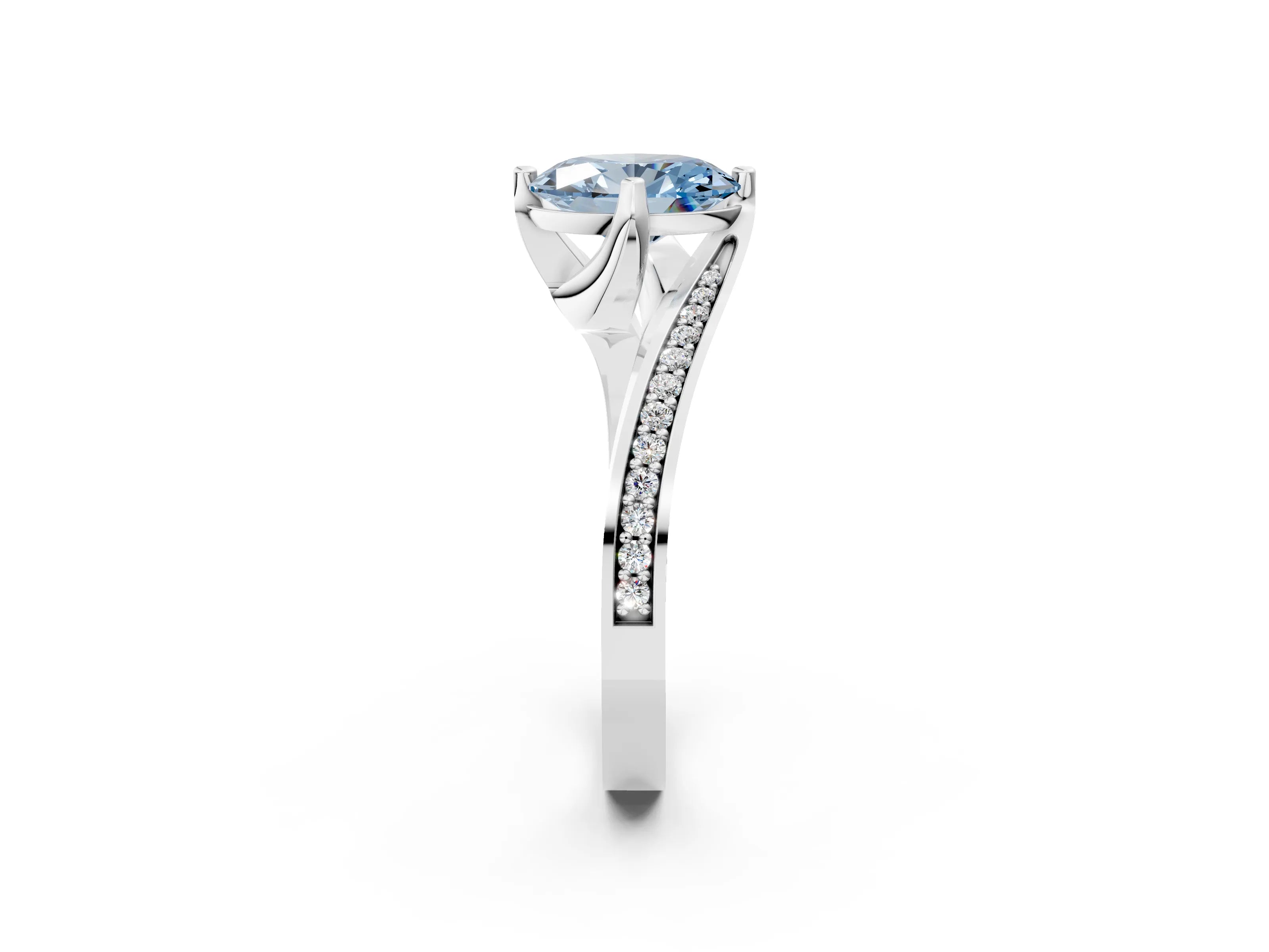 White gold Fancy Blue Oval Cut Solitaire Diamond Twist Band with Pavé Setting and Four-Prong Setting_14