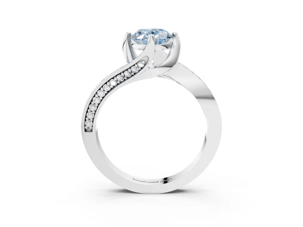 Platinum Oval Bypass Solitaire Engagement Ring Setting for Fancy Blue Center with Swirl Pave Band