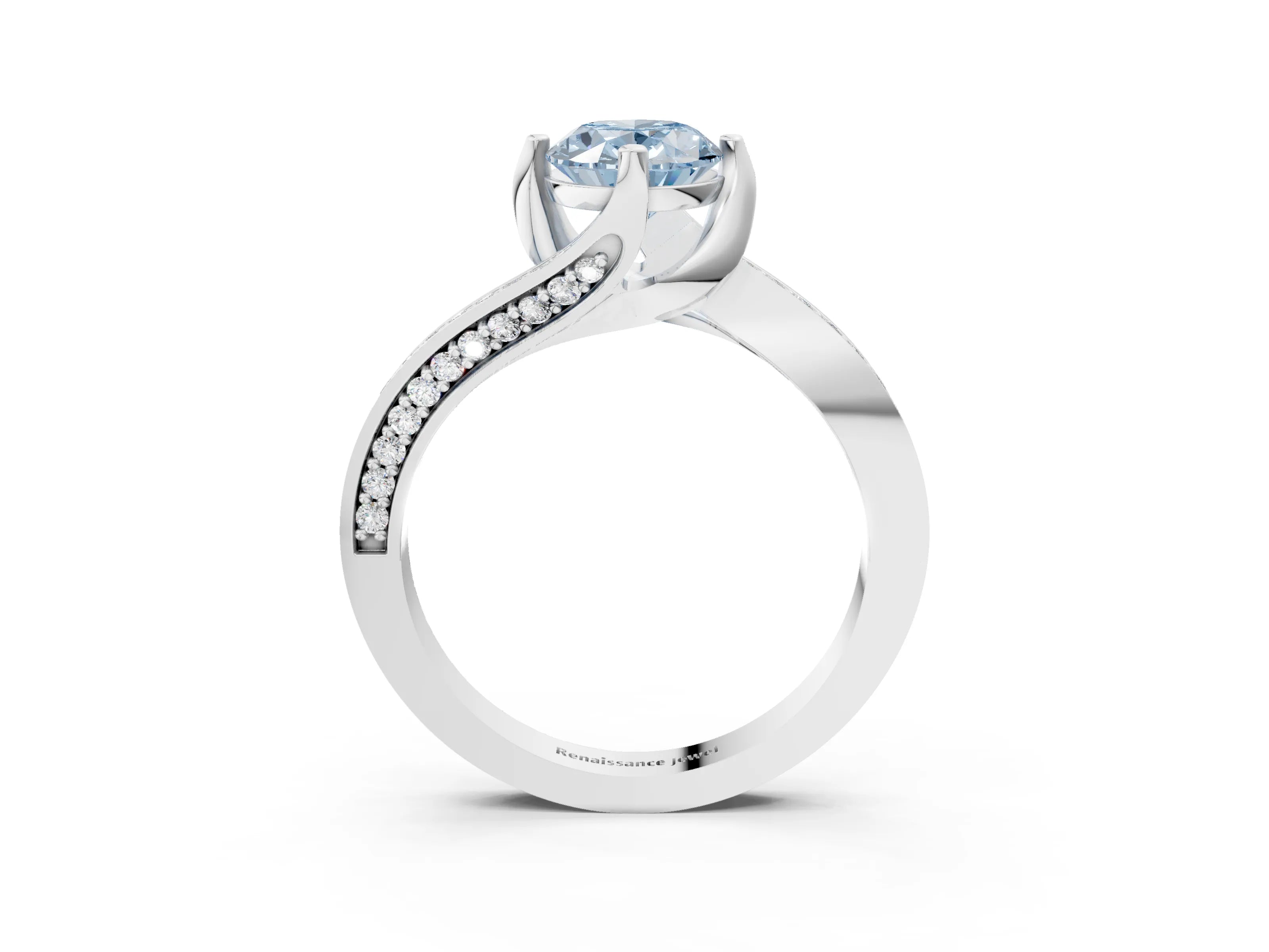 White gold Fancy Blue Oval Cut Solitaire Diamond Twist Band with Pavé Setting and Four-Prong Setting_15