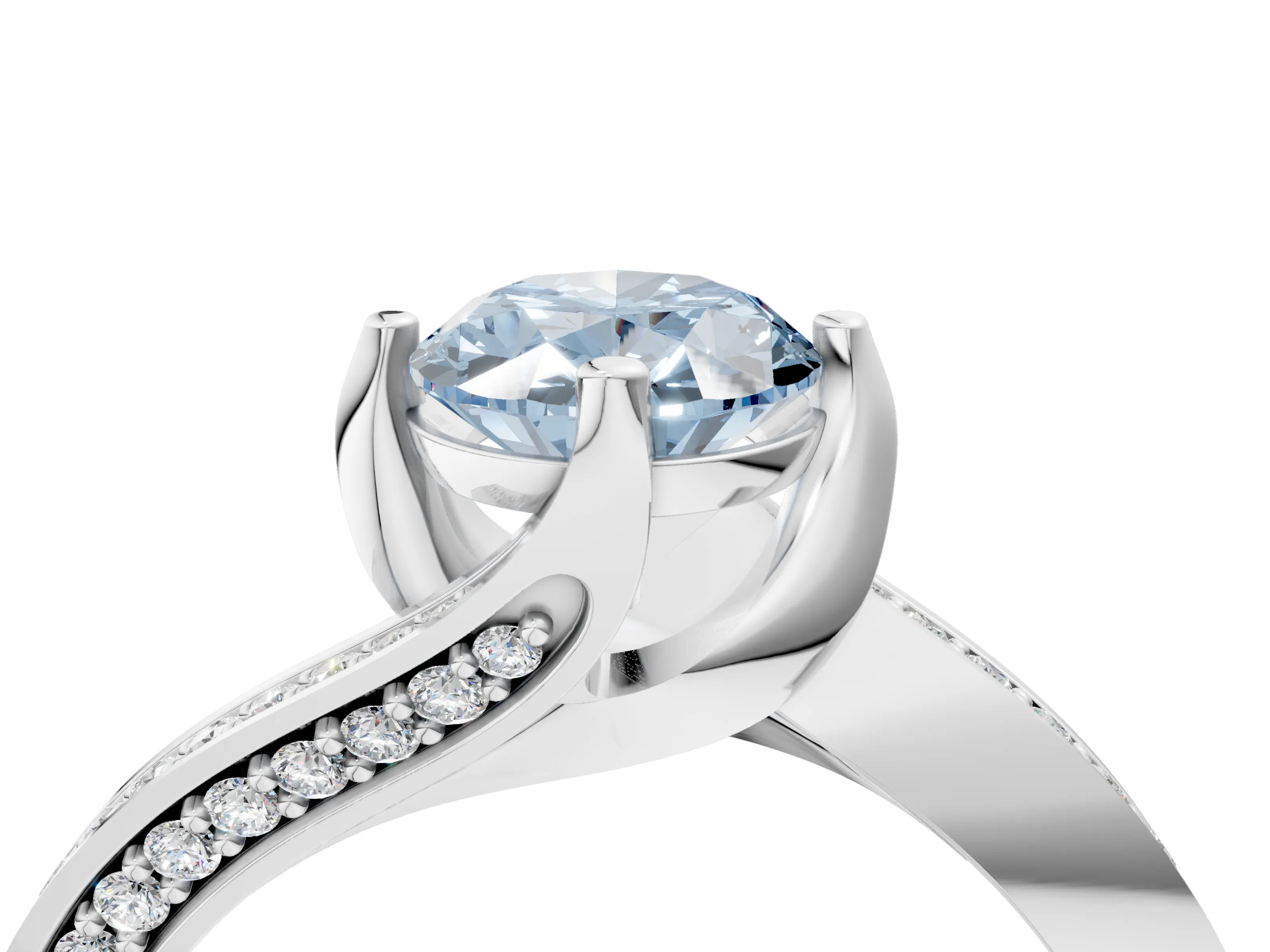 White gold Fancy Blue Oval Cut Solitaire Diamond Twist Band with Pavé Setting and Four-Prong Setting_16
