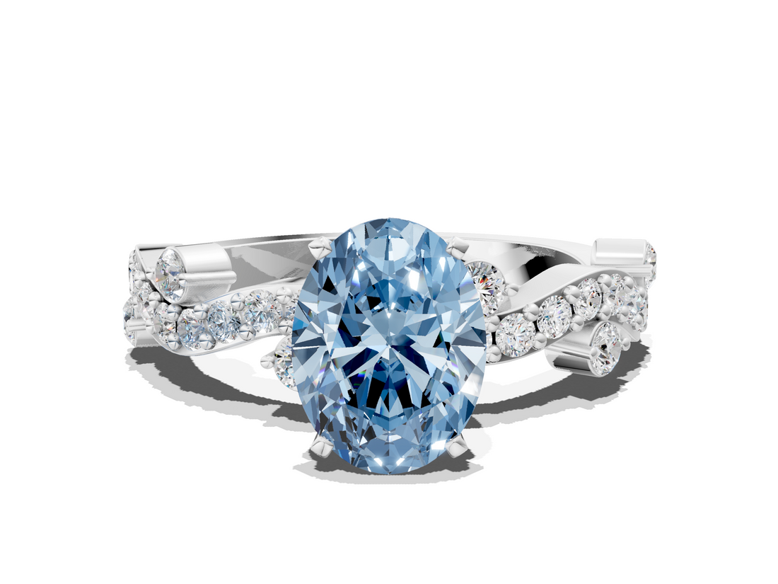 White gold Fancy Blue Oval  Cut Solitaire Diamond Twisted Band with Pave Setting_58
