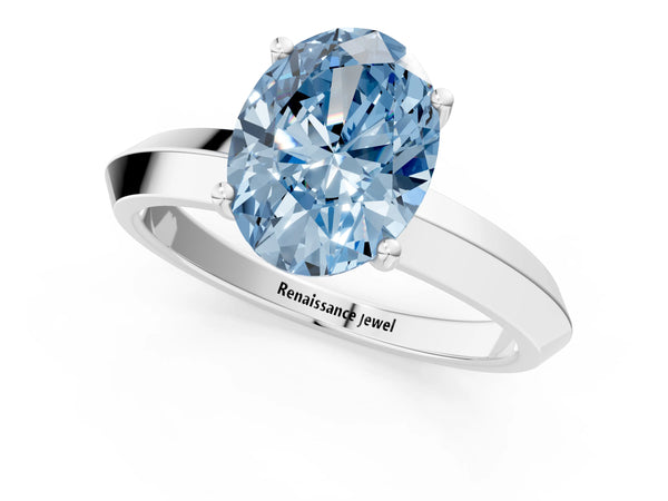 White gold Fancy Blue Oval  Cut Solitaire Engagement Ring with Flat Band and Four-Prong Setting