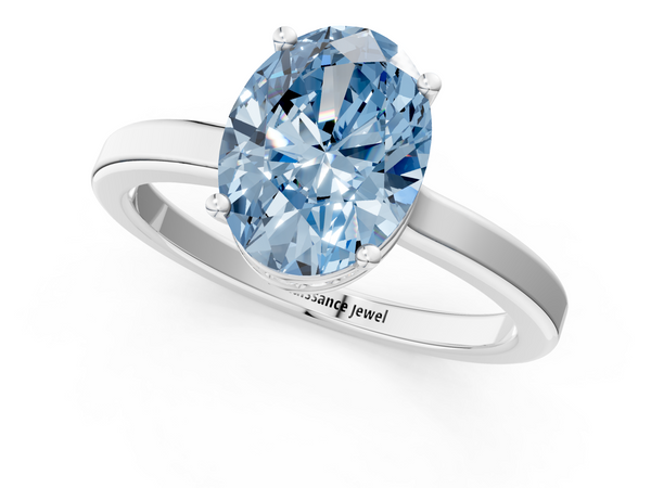 Platinum Fancy Blue Oval  Cut Solitaire Engagement Ring with Four-Prong Setting on a Classic Band