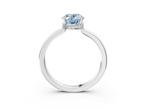 Platinum Fancy Blue Oval  Cut Solitaire Engagement Ring with Four-Prong Setting on a Classic Band