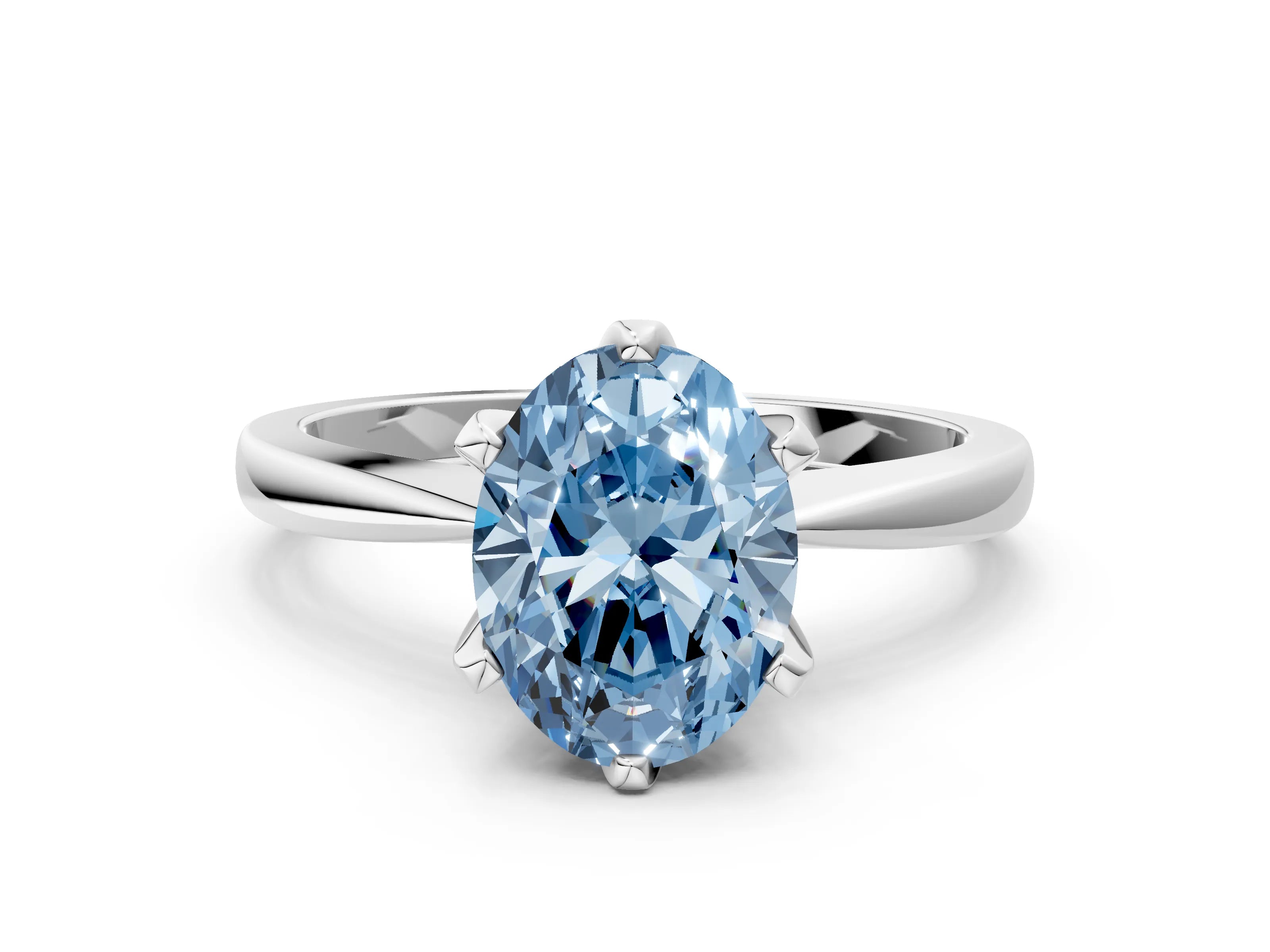 White gold Fancy Blue Oval Cut Solitaire Engagement Ring with Six-Prong Setting and Tapered Band
