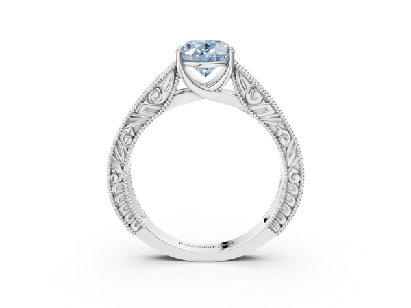 Platinum Fancy Blue Oval Cut Diamond Solitaire Ring with Engraved Band and Four-Prong Setting