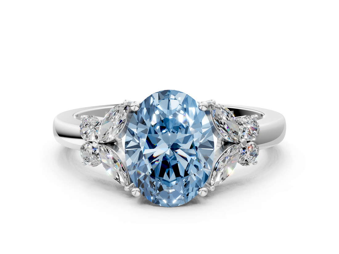 White gold Fancy Blue Oval  Cut Solitaire Floral Diamond Ring with Four-Prong Setting_37