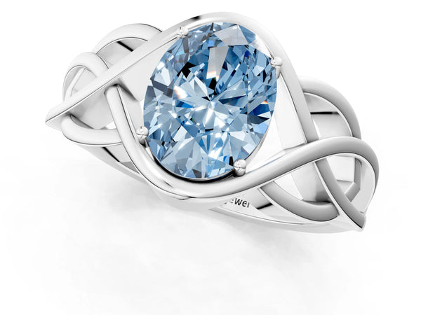 White gold Fancy Blue Oval Cut Solitaire Intertwined Band Prong Setting Ring