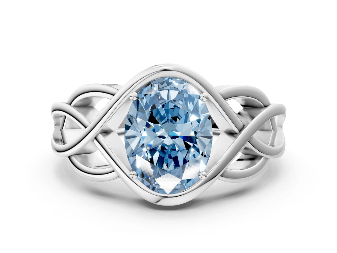 White gold Fancy Blue Oval Cut Solitaire Intertwined Band Prong Setting Ring