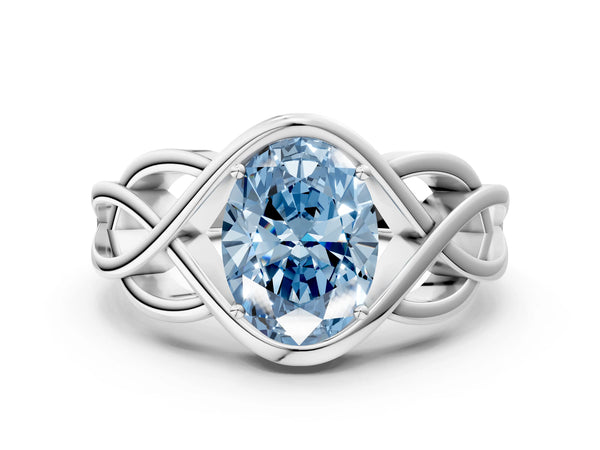 White gold Fancy Blue Oval Cut Solitaire Intertwined Band Prong Setting Ring