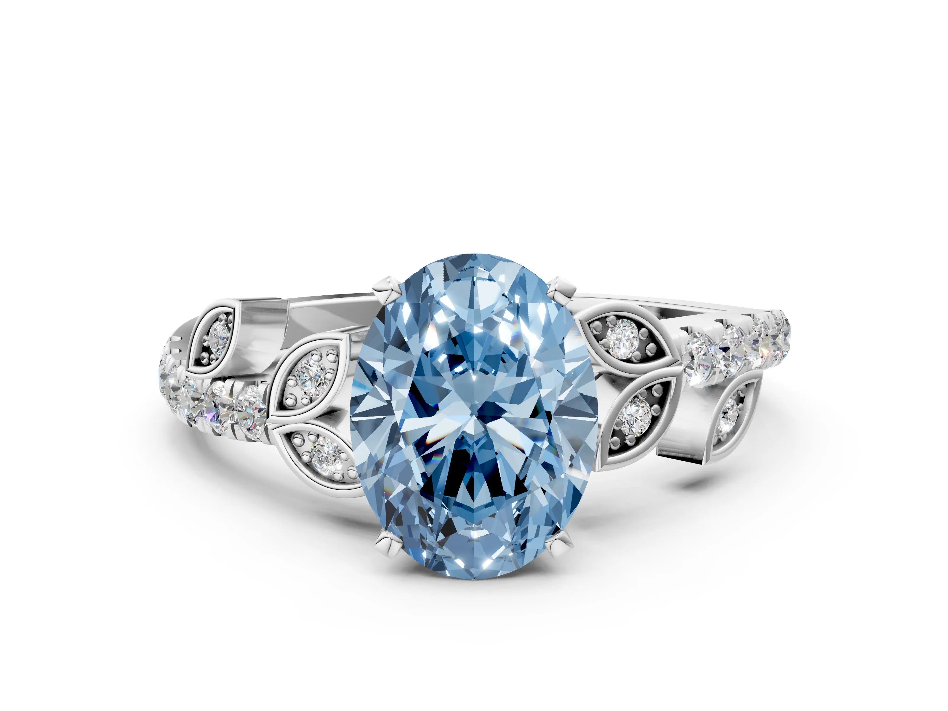 White gold Fancy Blue Oval Cut Solitaire Leaf-Inspired Diamond Ring with Pavé Band and Four-Prong Setting_12
