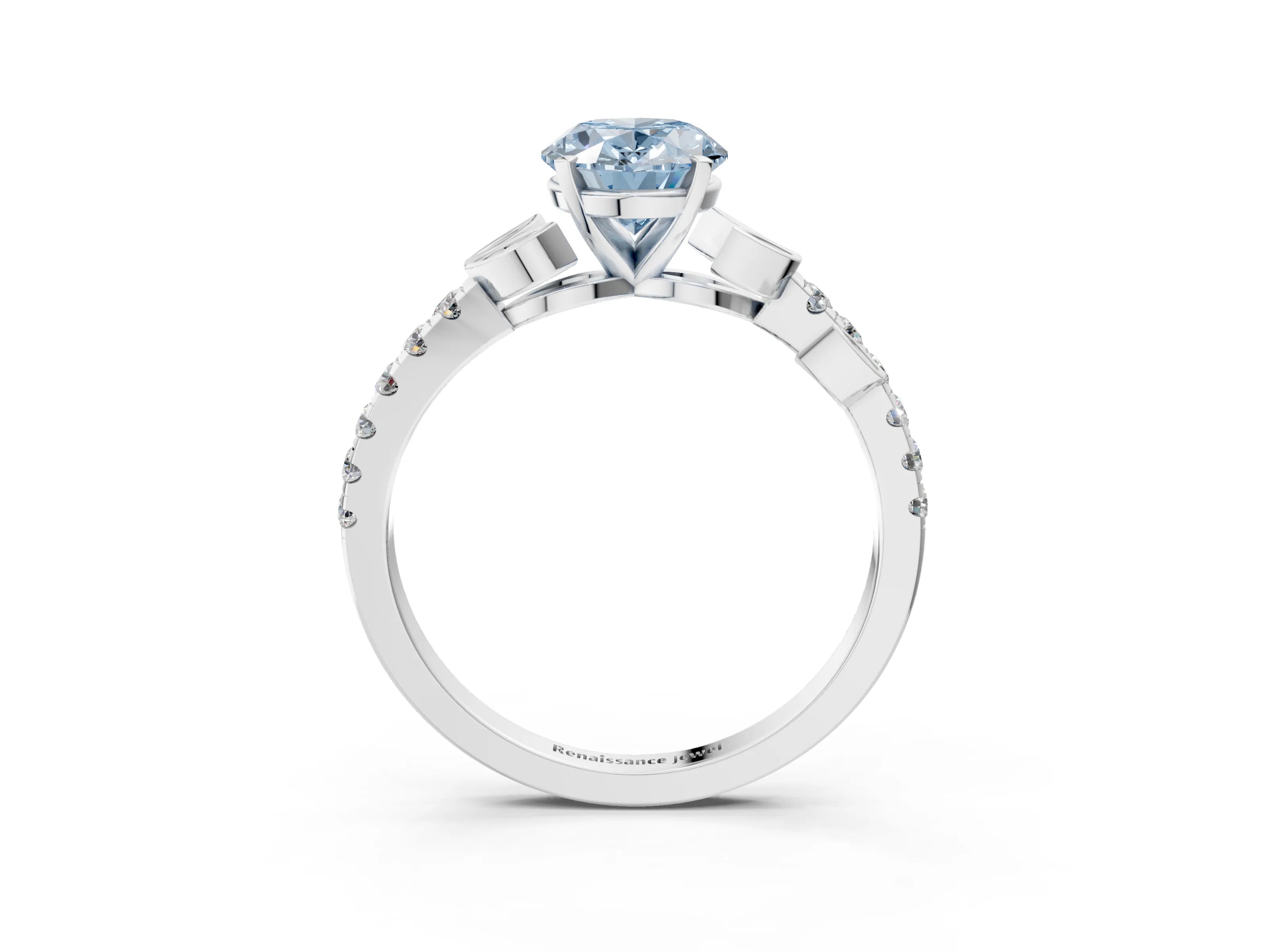 White gold Fancy Blue Oval Cut Solitaire Leaf-Inspired Diamond Ring with Pavé Band and Four-Prong Setting_15