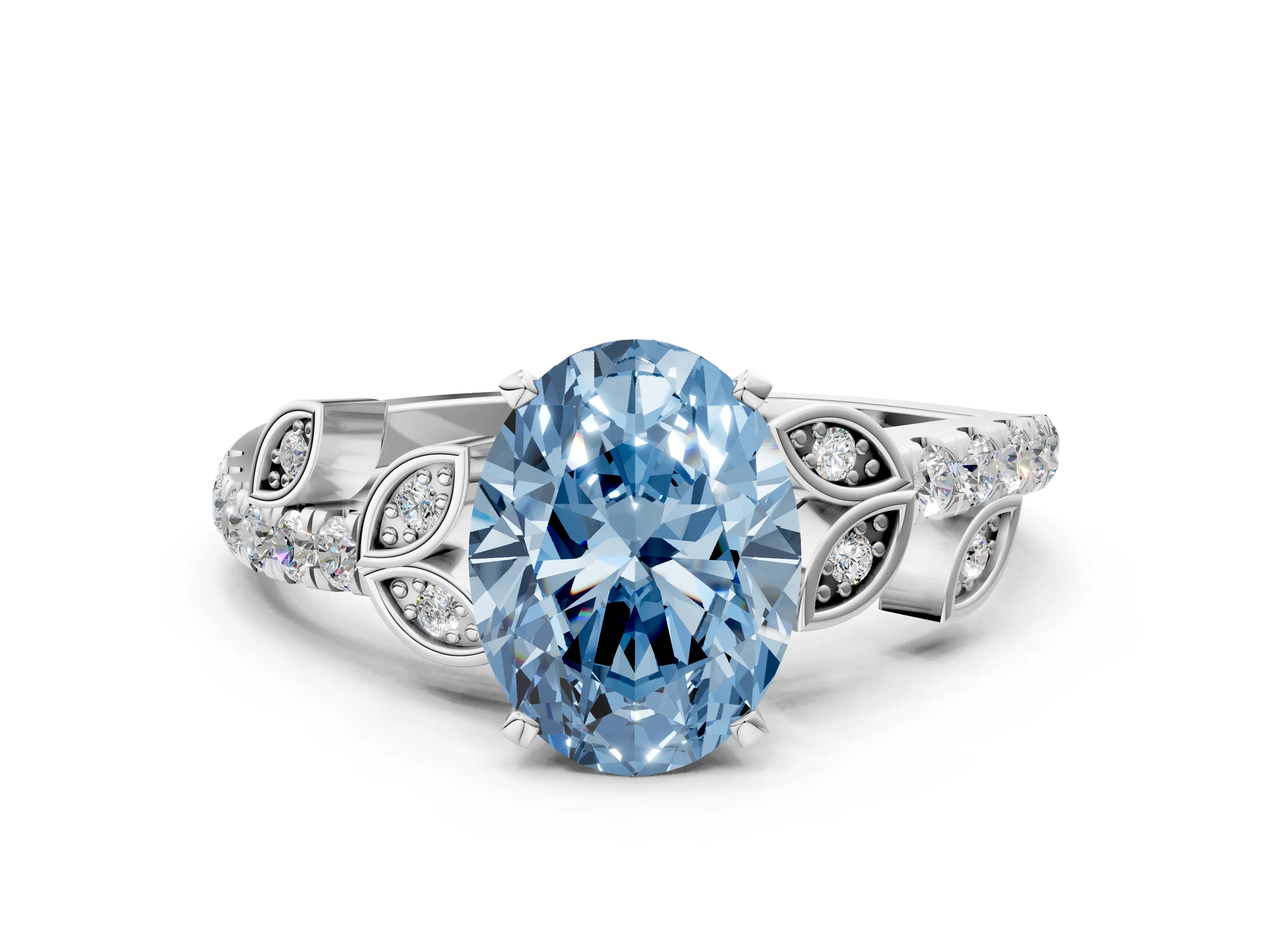 White gold Fancy Blue Oval Cut Solitaire Leaf-Inspired Diamond Ring with Pavé Band and Four-Prong Setting_24