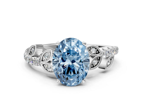 White gold Fancy Blue Oval Cut Solitaire Leaf-Inspired Diamond Ring with Pavé Band and Four-Prong Setting_24