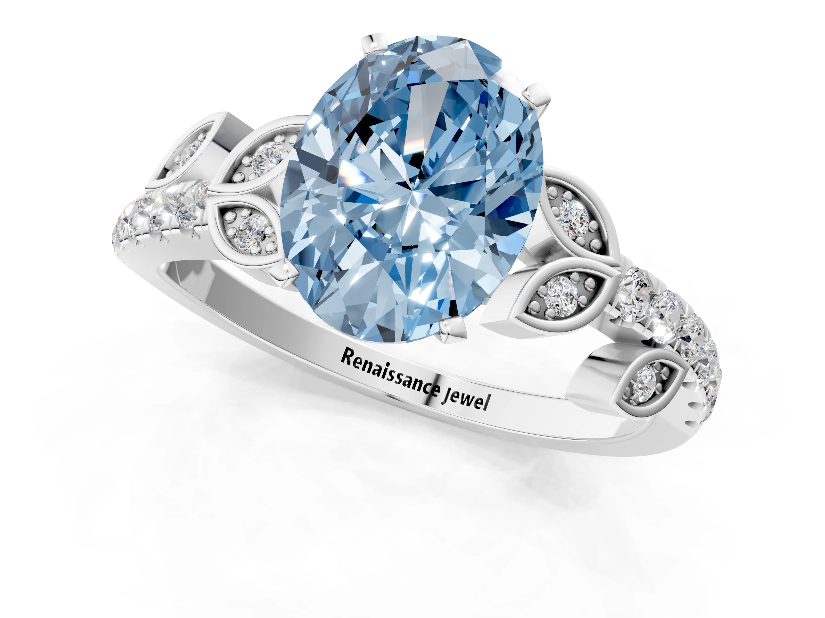 White gold Fancy Blue Oval Cut Solitaire Leaf-Inspired Diamond Ring with Pavé Band and Four-Prong Setting_25