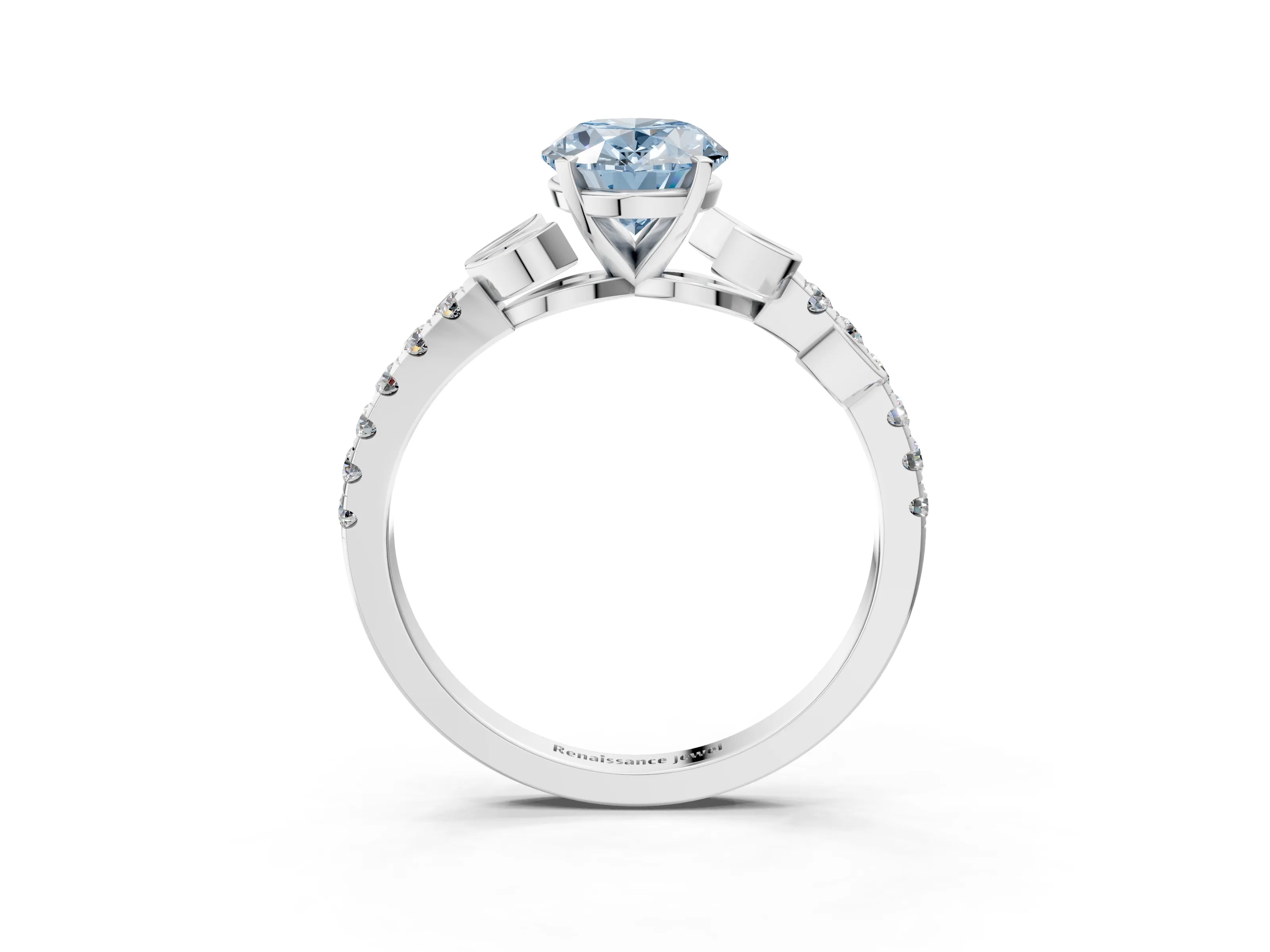 White gold Fancy Blue Oval Cut Solitaire Leaf-Inspired Diamond Ring with Pavé Band and Four-Prong Setting_27