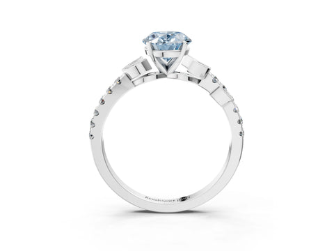 White gold Fancy Blue Oval Cut Solitaire Leaf-Inspired Diamond Ring with Pavé Band and Four-Prong Setting_27
