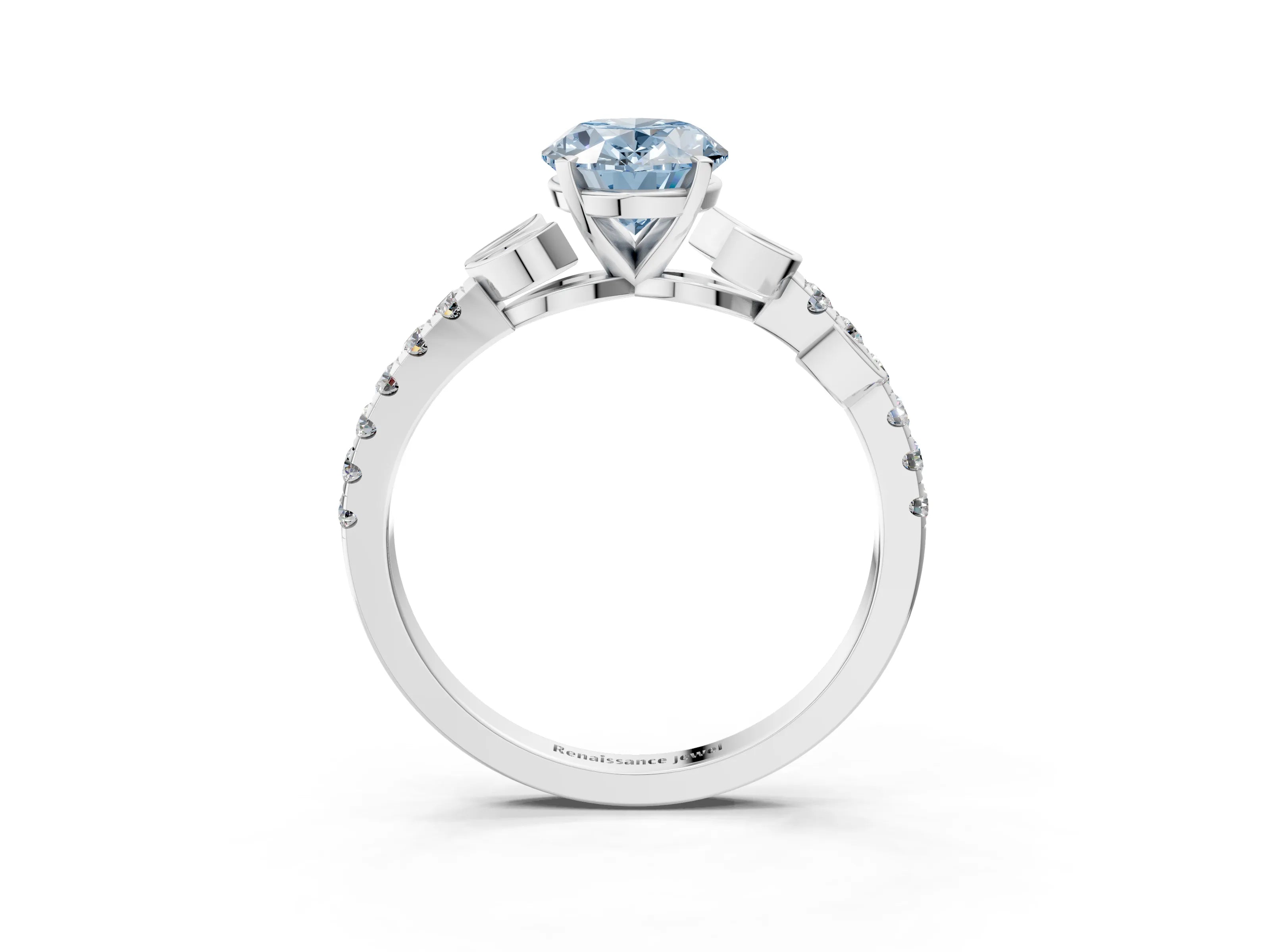 White gold Fancy Blue Oval Cut Solitaire Leaf-Inspired Diamond Ring with Pavé Band and Four-Prong Setting_3