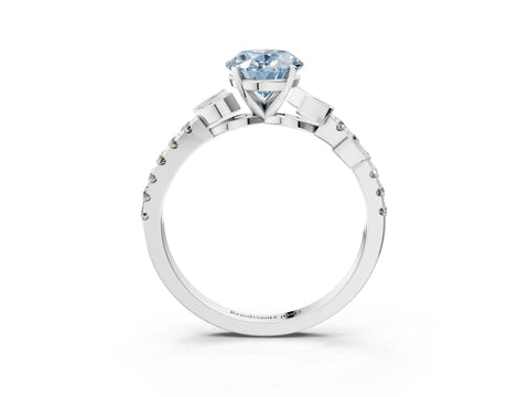 White gold Fancy Blue Oval Cut Solitaire Leaf-Inspired Diamond Ring with Pavé Band and Four-Prong Setting_3