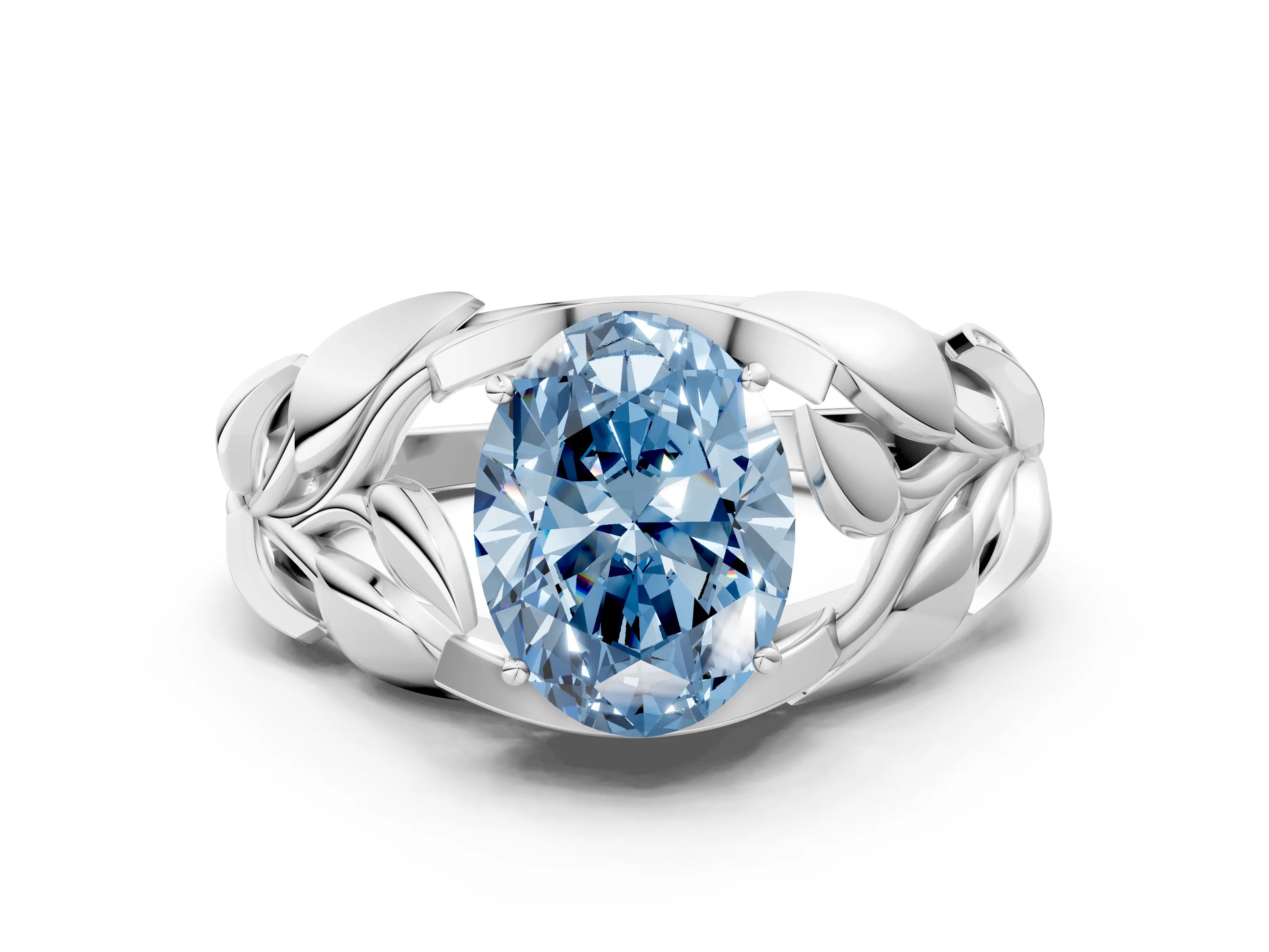 White gold Fancy Blue Oval Cut Solitaire Leaf-Inspired Engagement Ring with Prong Setting