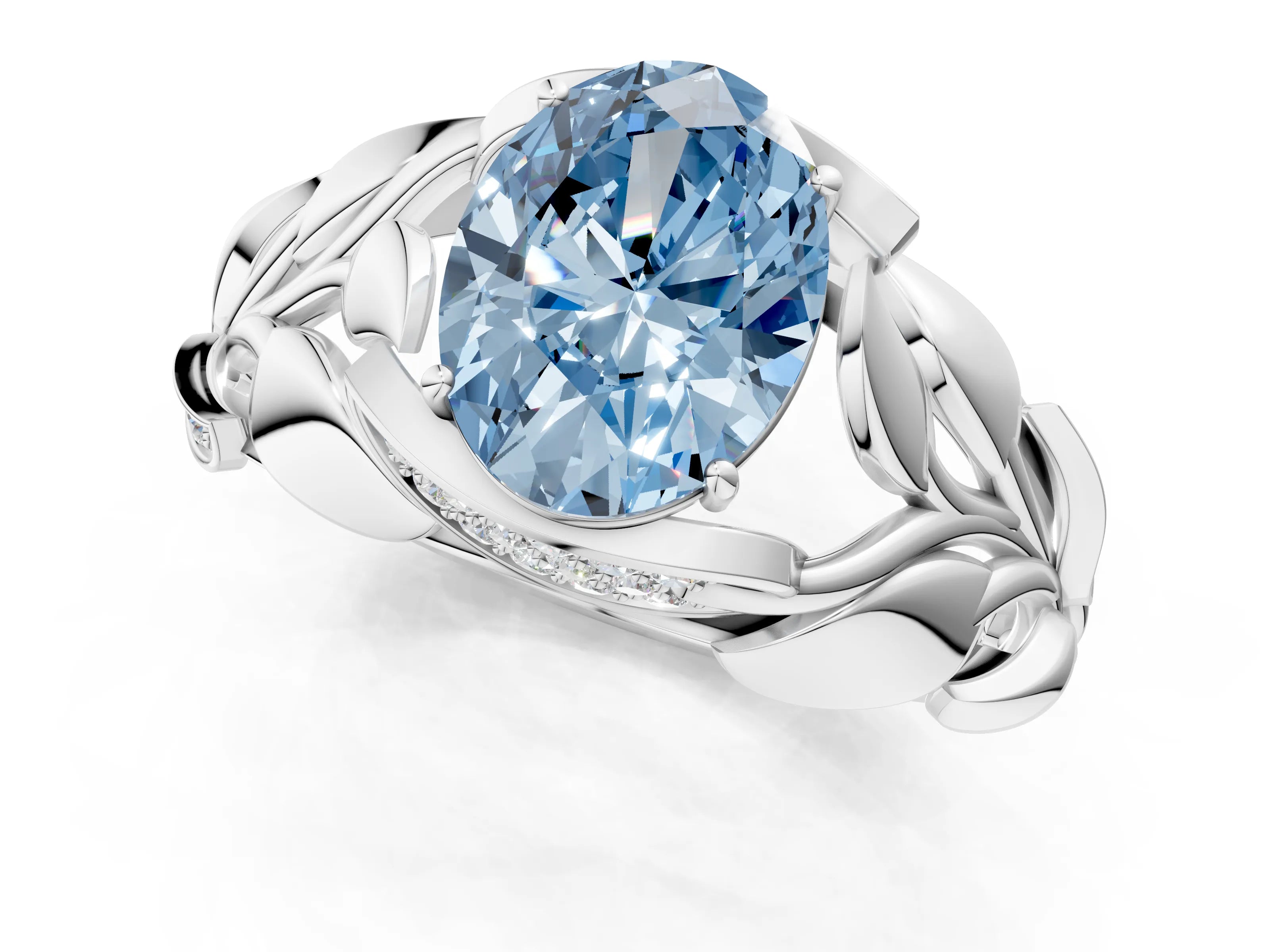 White gold Fancy Blue Oval Cut Solitaire Leaf-Inspired Engagement Ring with Prong Setting_1