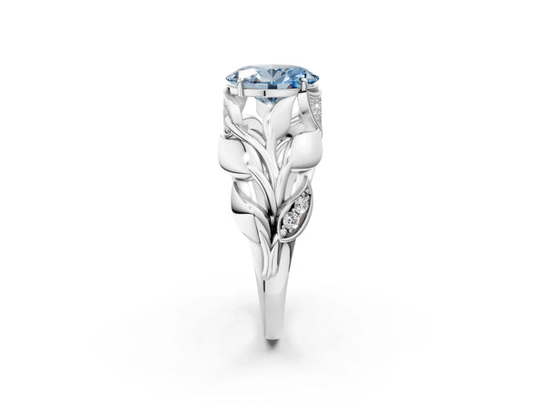 White Gold Oval Leaf Bypass Engagement Ring Setting for Fancy Blue Center with Pave Leaf Panels