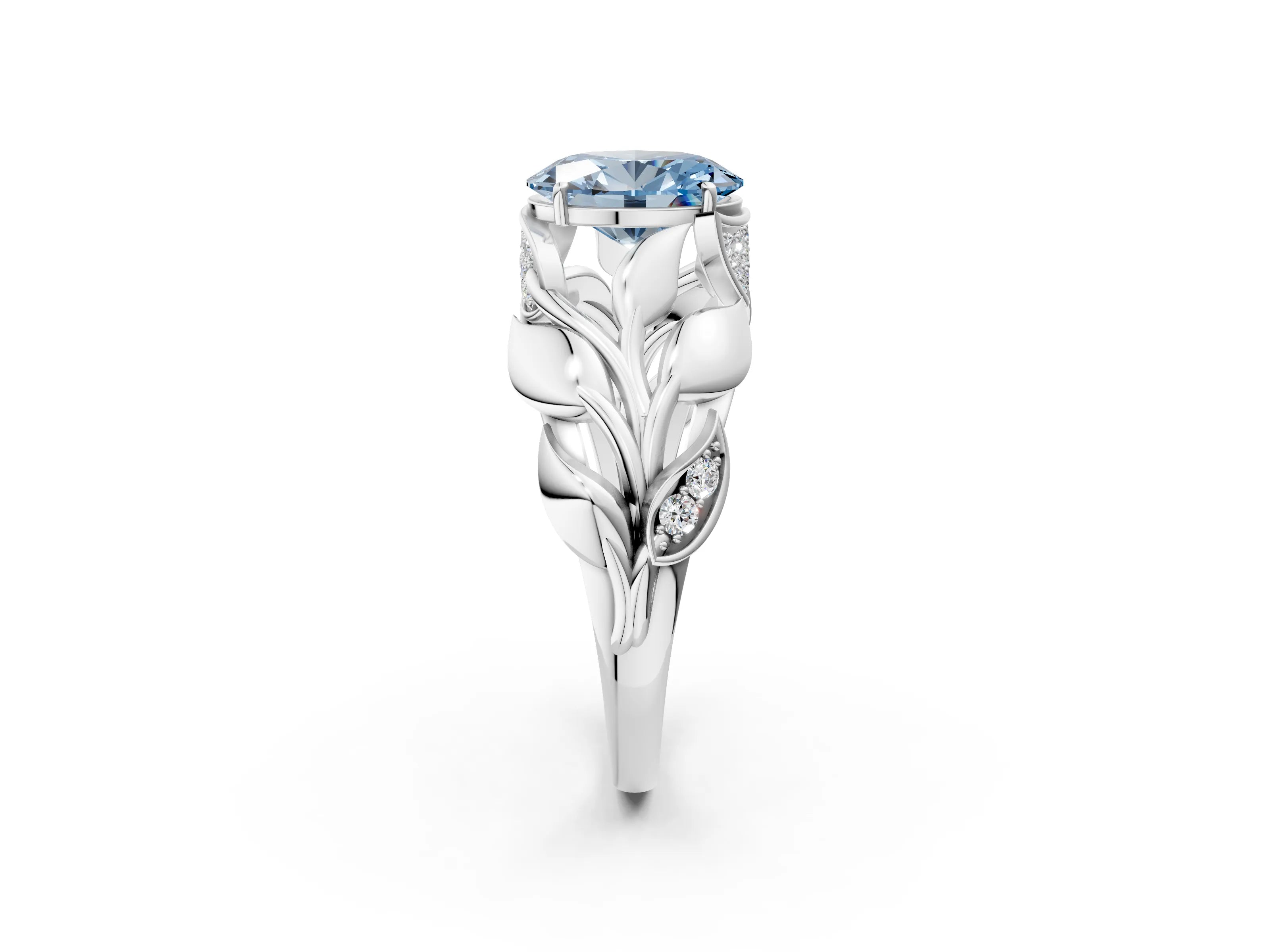 White gold Fancy Blue Oval Cut Solitaire Leaf-Inspired Engagement Ring with Prong Setting_2