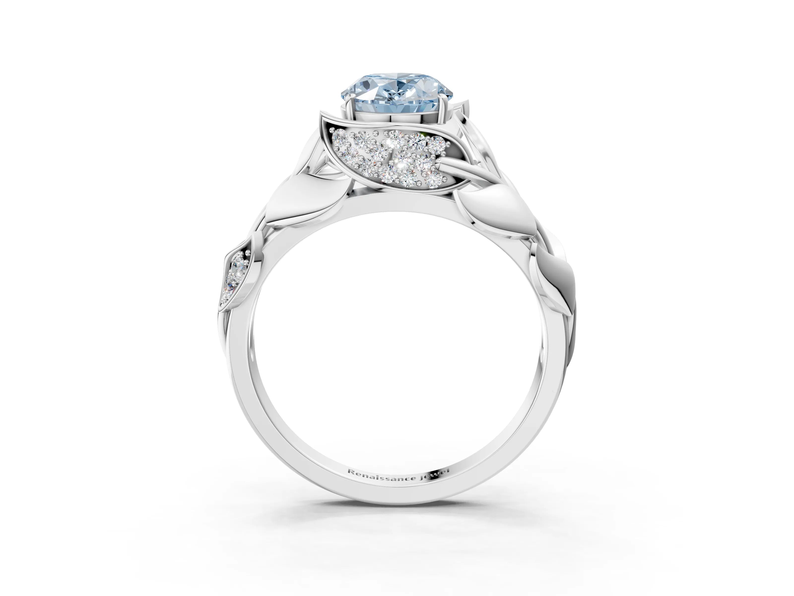 White gold Fancy Blue Oval Cut Solitaire Leaf-Inspired Engagement Ring with Prong Setting_3