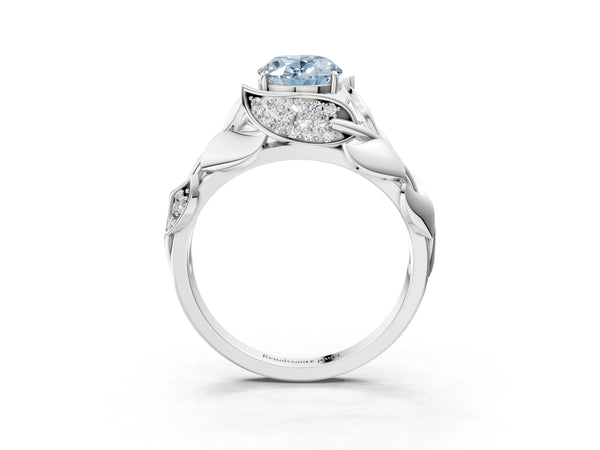 Sterling Silver Oval Leaf Bypass Engagement Ring Setting for Fancy Blue Center with Pave Leaf Panels