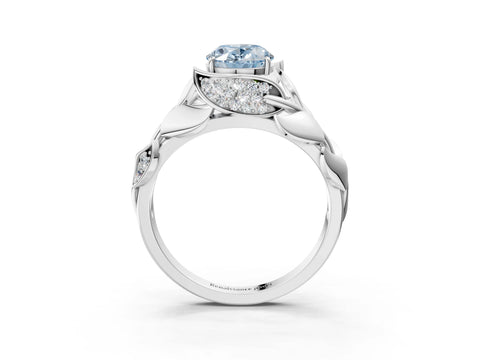 White gold Fancy Blue Oval Cut Solitaire Leaf-Inspired Engagement Ring with Prong Setting_3