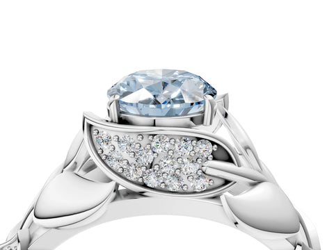 White gold Fancy Blue Oval Cut Solitaire Leaf-Inspired Engagement Ring with Prong Setting_4