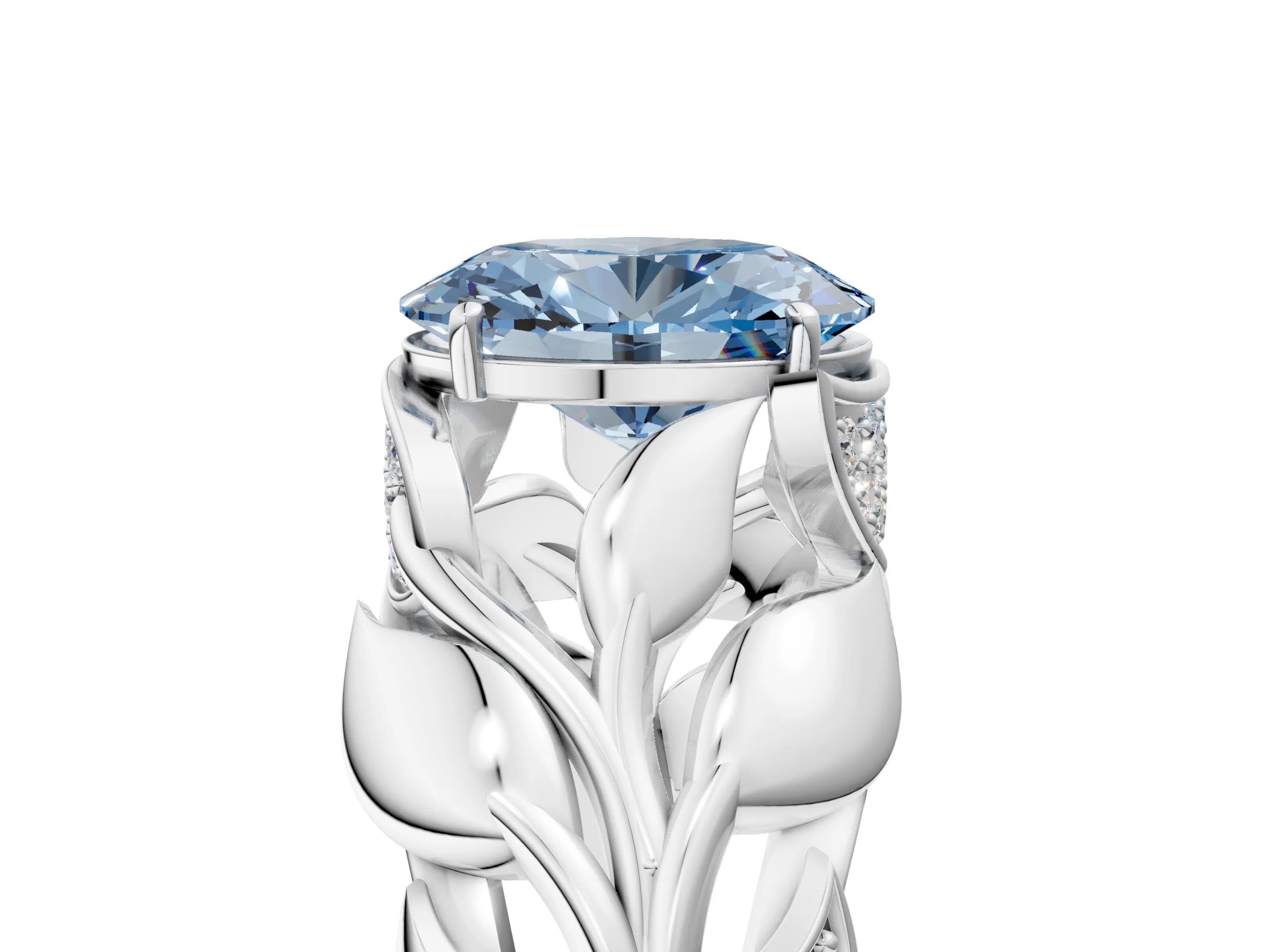 White gold Fancy Blue Oval Cut Solitaire Leaf-Inspired Engagement Ring with Prong Setting_5