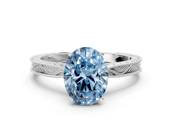 Platinum Oval Solitaire Engagement Ring Setting for Fancy Blue Center with Engraved Band