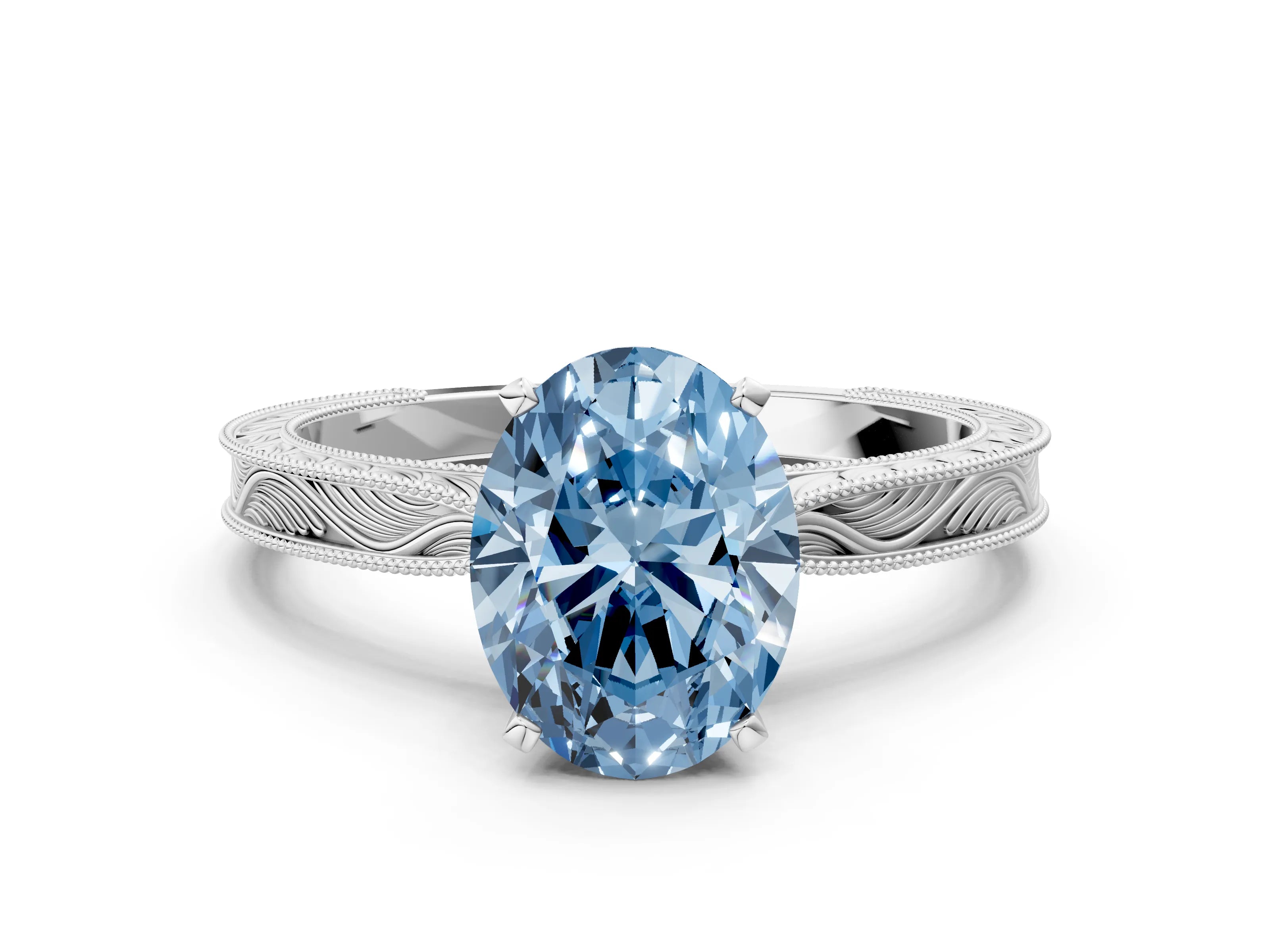 White gold Fancy Blue Oval Cut Solitaire Milgrain Engraved Band with Four-Prong Setting_12
