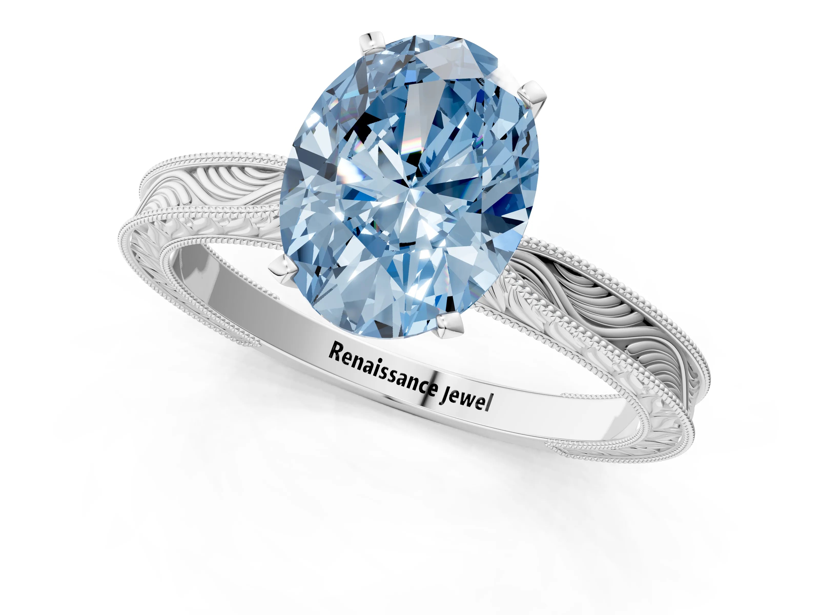 White gold Fancy Blue Oval Cut Solitaire Milgrain Engraved Band with Four-Prong Setting_13