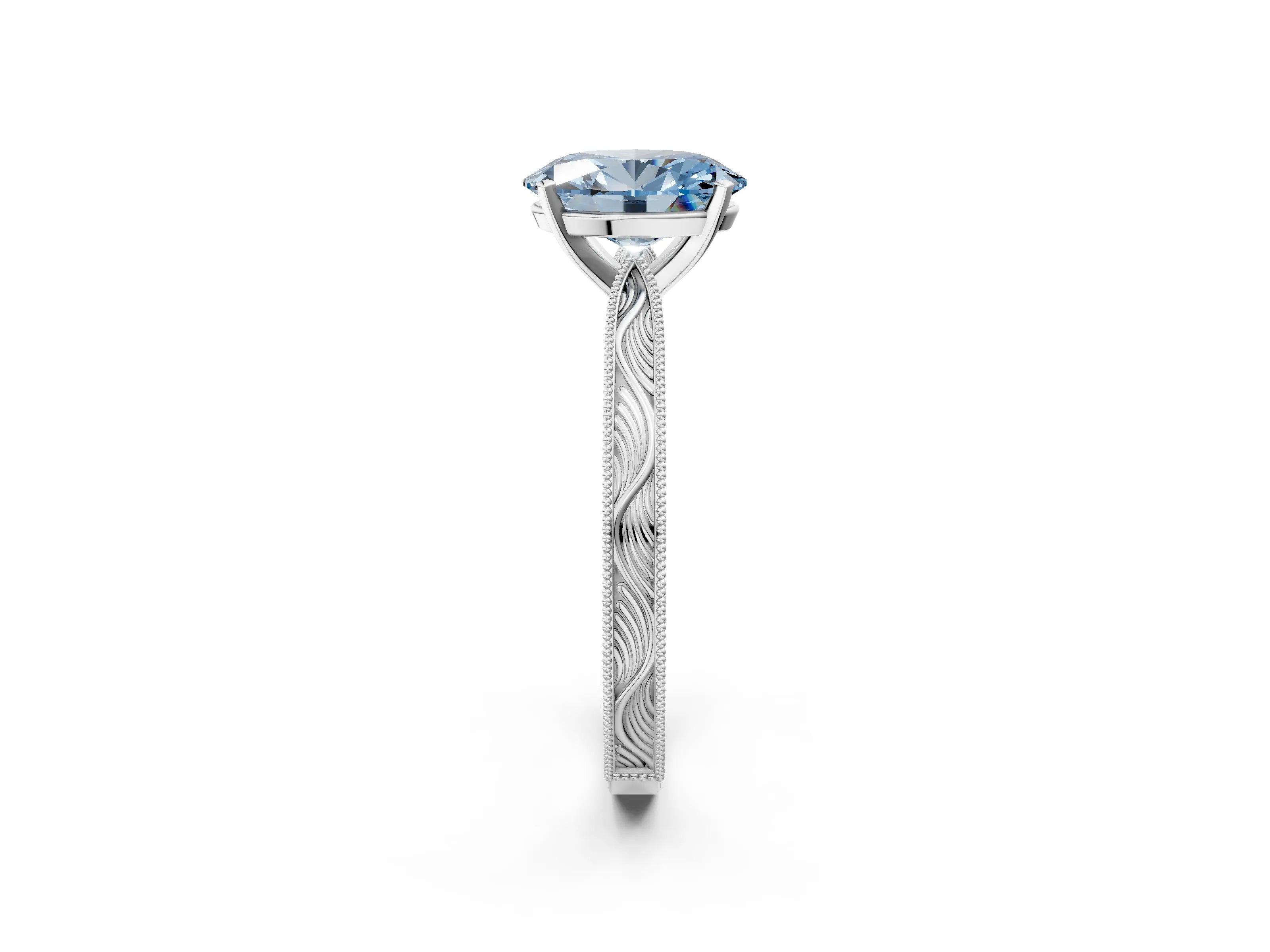White gold Fancy Blue Oval Cut Solitaire Milgrain Engraved Band with Four-Prong Setting_14