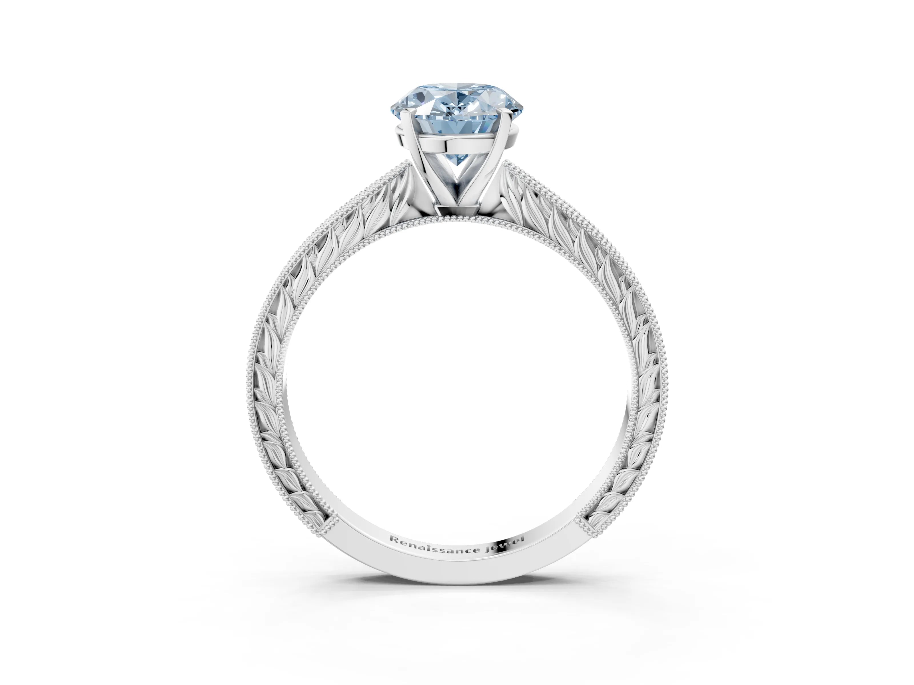 White gold Fancy Blue Oval Cut Solitaire Milgrain Engraved Band with Four-Prong Setting_15