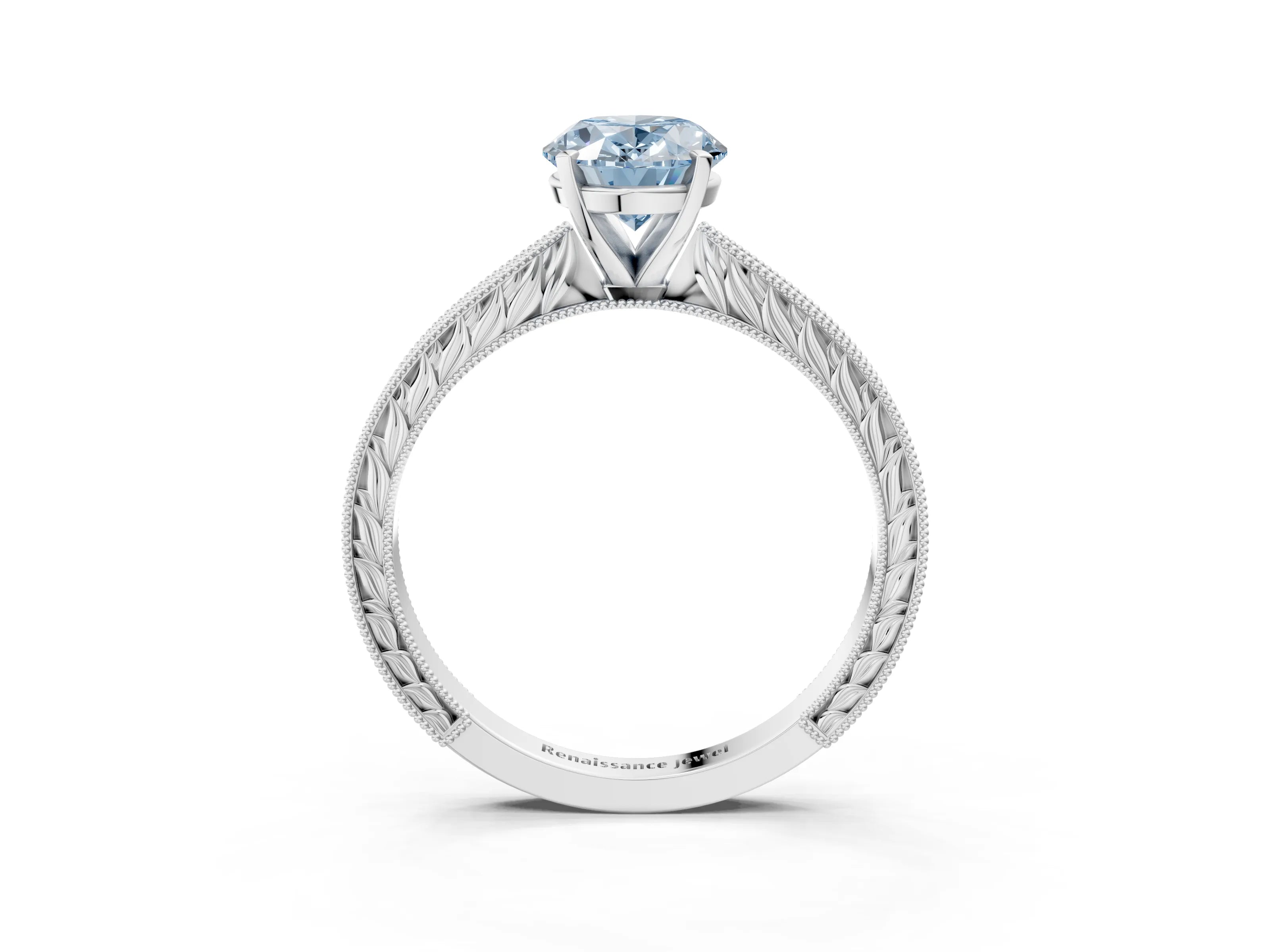 White gold Fancy Blue Oval Cut Solitaire Milgrain Engraved Band with Four-Prong Setting_3