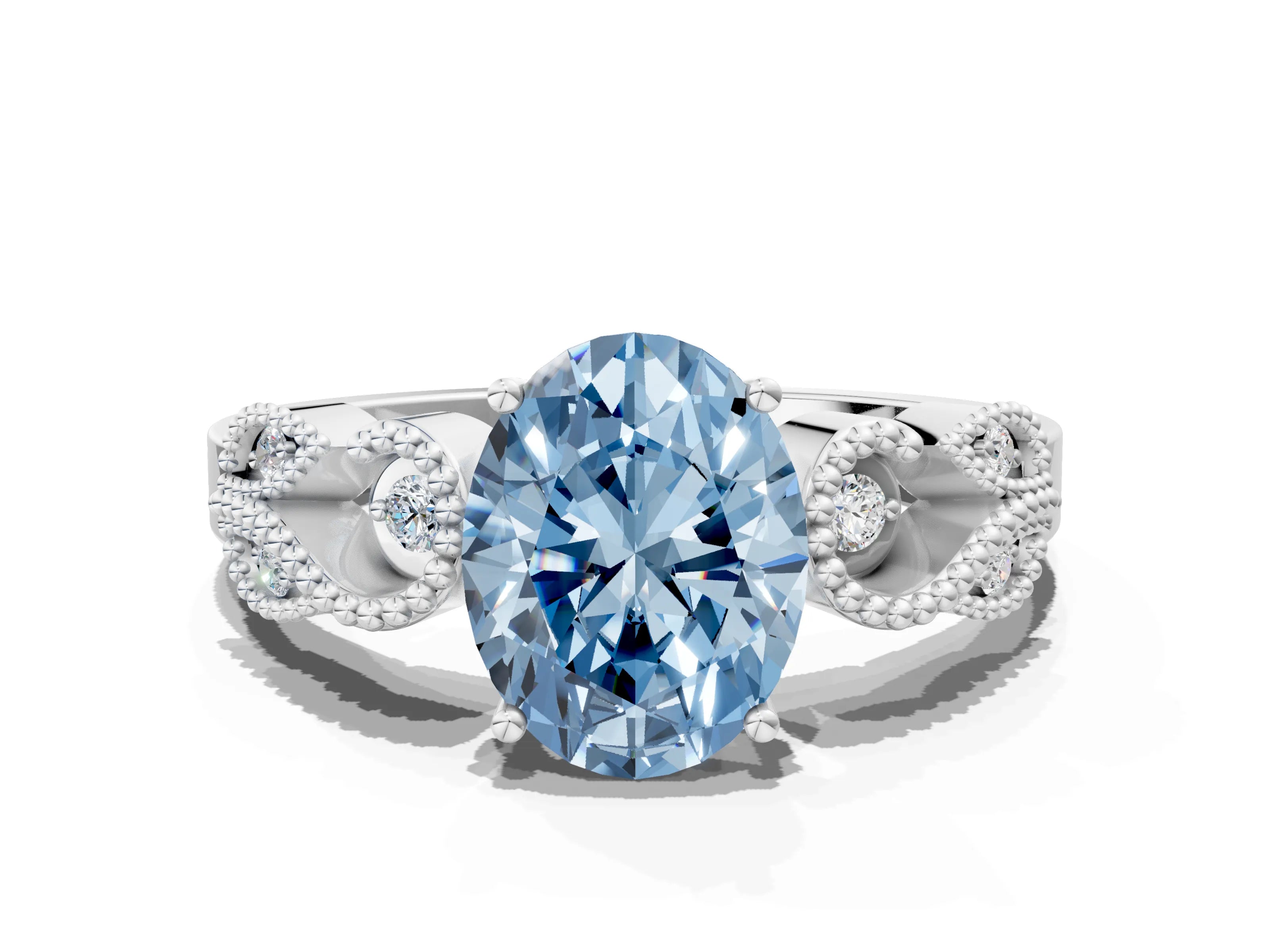 White gold Fancy Blue Oval Cut Solitaire Milgrain Leaf Band with Prong Setting